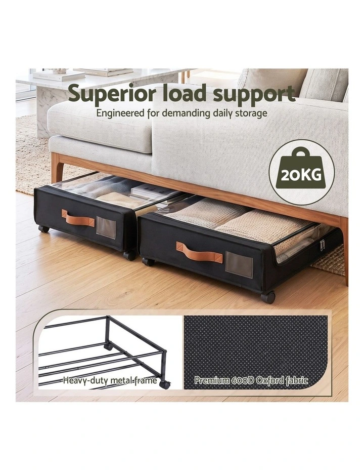 Artiss 2X Under Bed Storage Containers 48L Clothes Organiser Wheels Oxford Black image 5