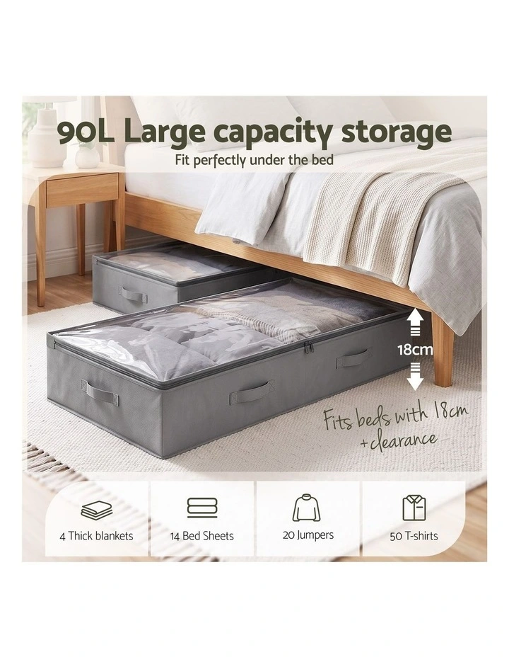 Artiss Under Bed Storage Containers X2 90L Boxes Organiser Clear Top Fabric Grey image 4