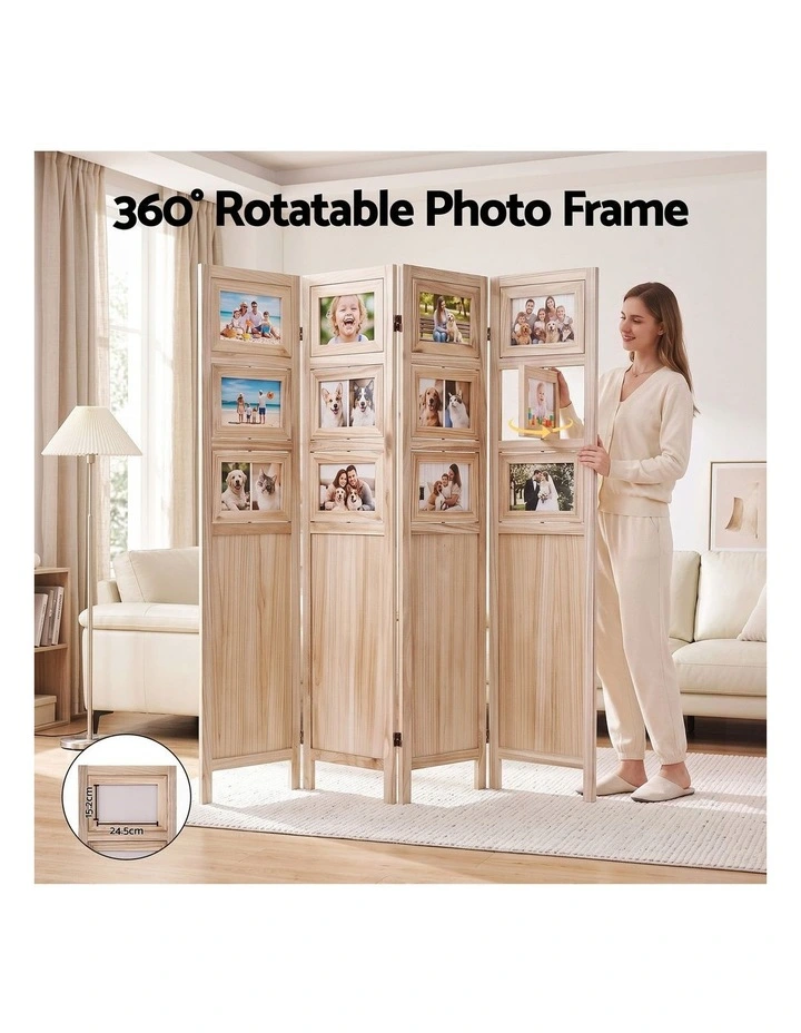 Artiss 4-Panel Folding Room Divider Privacy Screen Photo Display Solid Wood Natural image 4