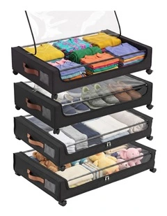 Artiss 4X Under Bed Storage Containers 48L Clothes Organiser Wheels Oxford Black