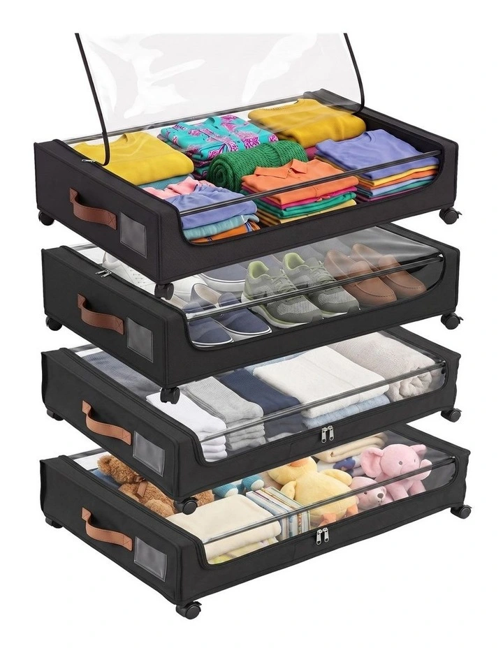 Artiss 4X Under Bed Storage Containers 48L Clothes Organiser Wheels Oxford Black image 1