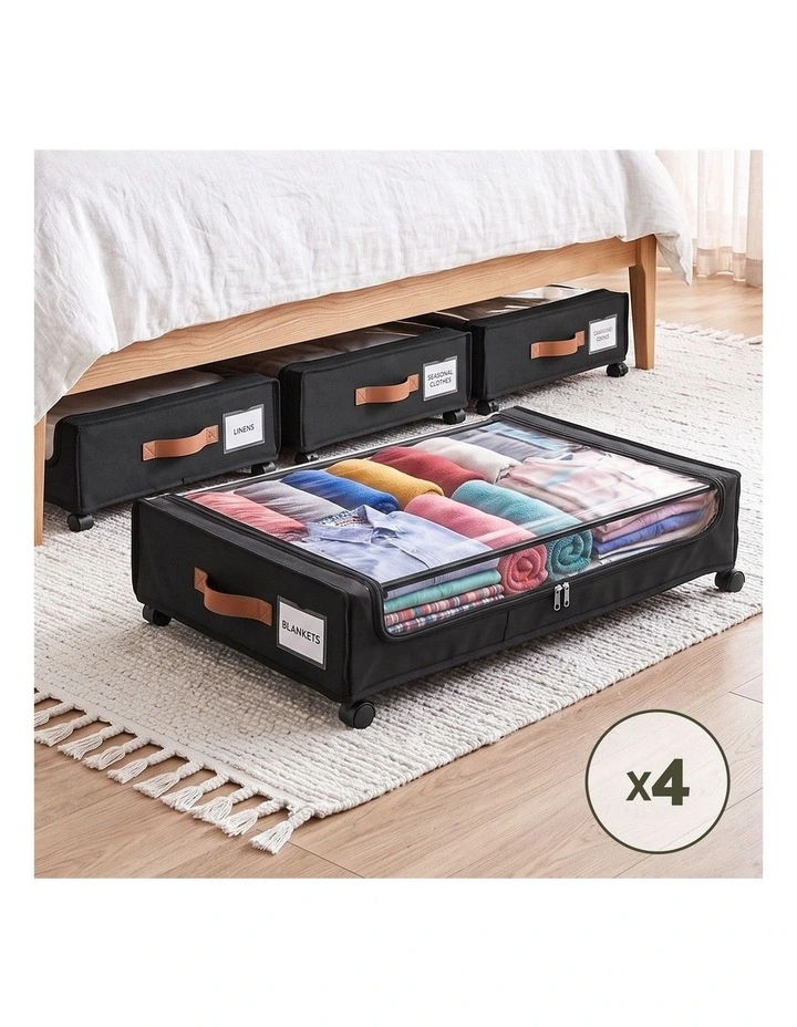 Artiss 4X Under Bed Storage Containers 48L Clothes Organiser Wheels Oxford Black image 6