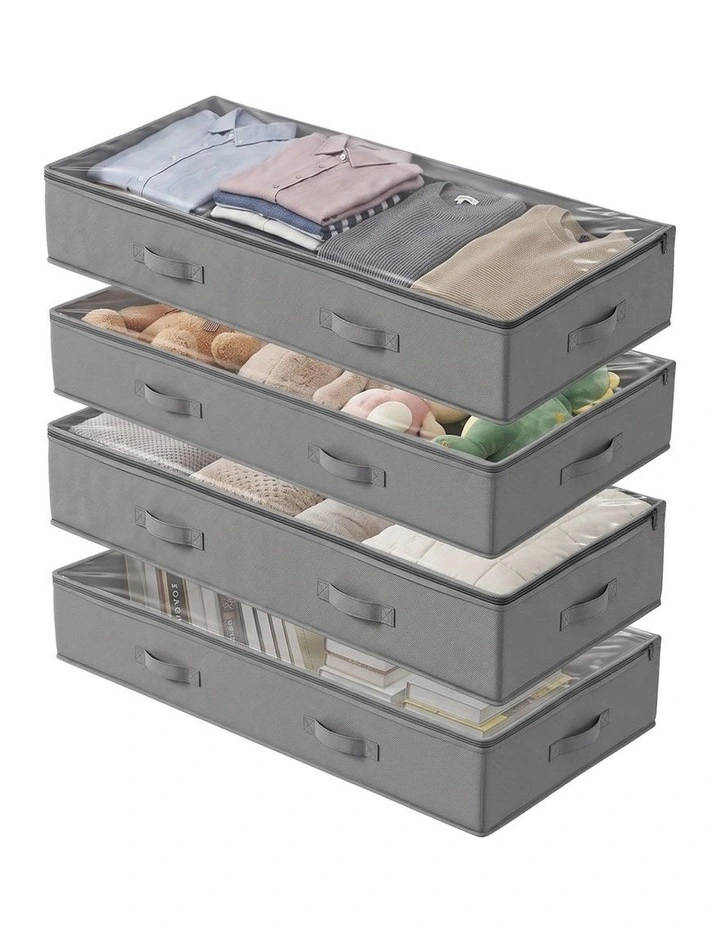 Artiss Under Bed Storage Containers X4 90L Boxes Organiser Clear Top Fabric Grey image 1
