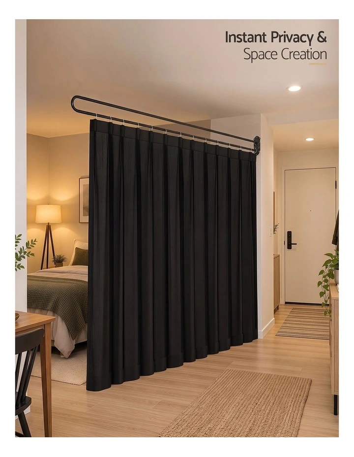 Artiss Room Divider Wall Mounted Hanging Curtain Partition Screen Black 200x220cm image 4