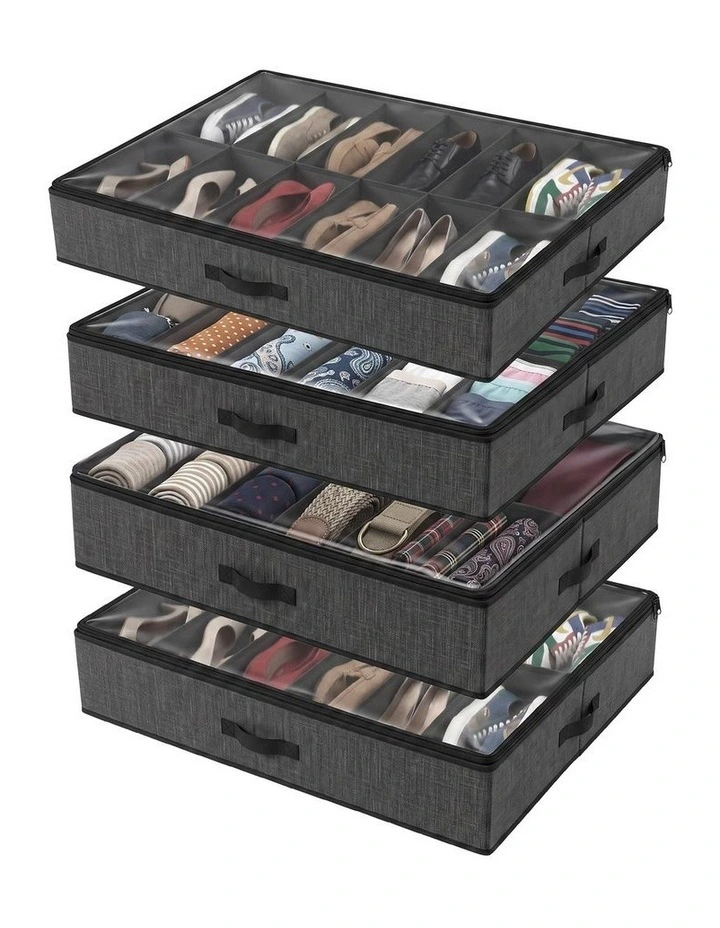 Artiss Under Bed Shoe Storage Containers X4 Box Organiser 12 Pairs Fabric Grey image 1