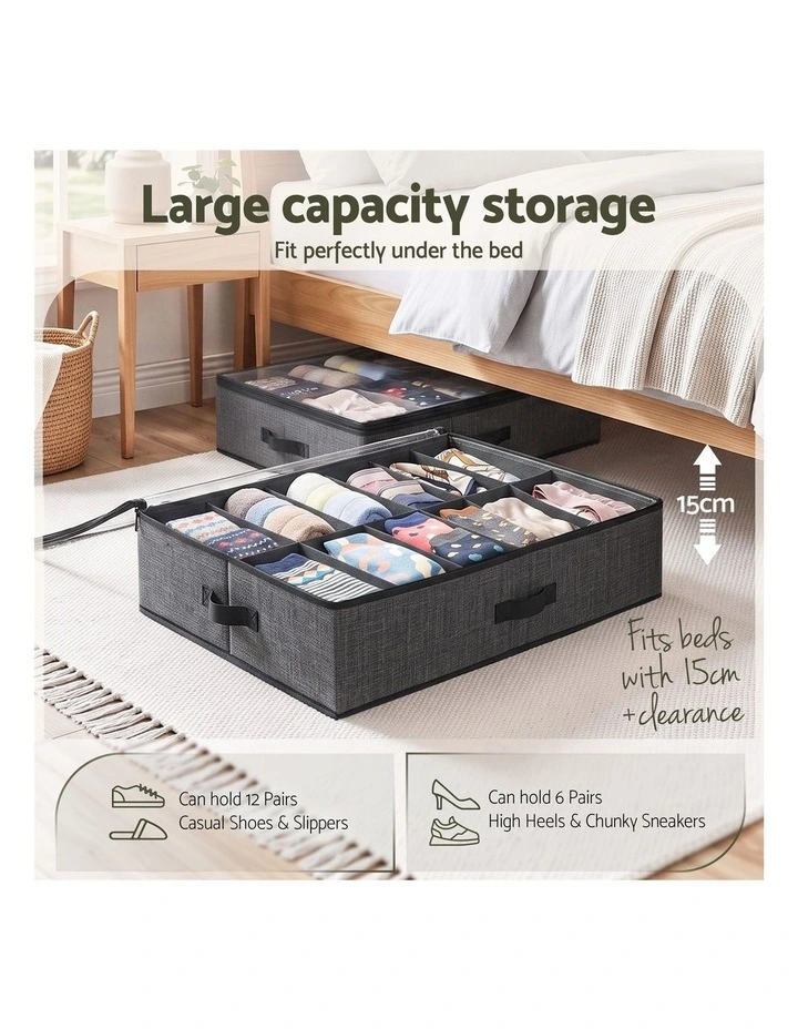 Artiss Under Bed Shoe Storage Containers X4 Box Organiser 12 Pairs Fabric Grey image 4