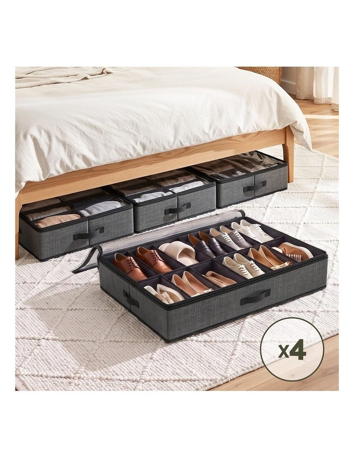 Artiss Under Bed Shoe Storage Containers X4 Box Organiser 12 Pairs Fabric Grey image 6