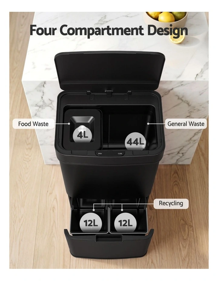 Devanti 72L Sensor Bin Rubbish Bins 4-in-1 Compartment Stainless Steel Trash Can Black image 5