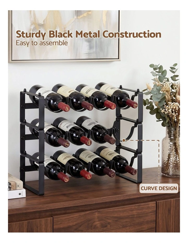 Artiss 3-Tier Wine Rack Metal Freestanding 12 Bottles Modular Countertop Wine Display Shelf Black image 6