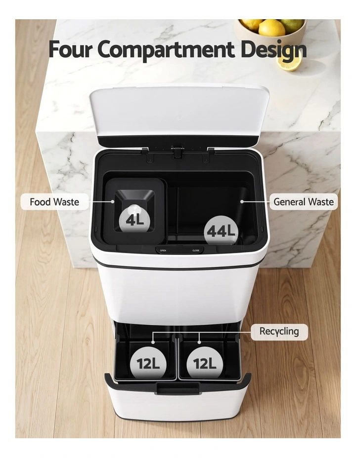 Devanti 72L Sensor Bin Rubbish Bins 4-in-1 Compartment Stainless Steel Trash Can White image 5