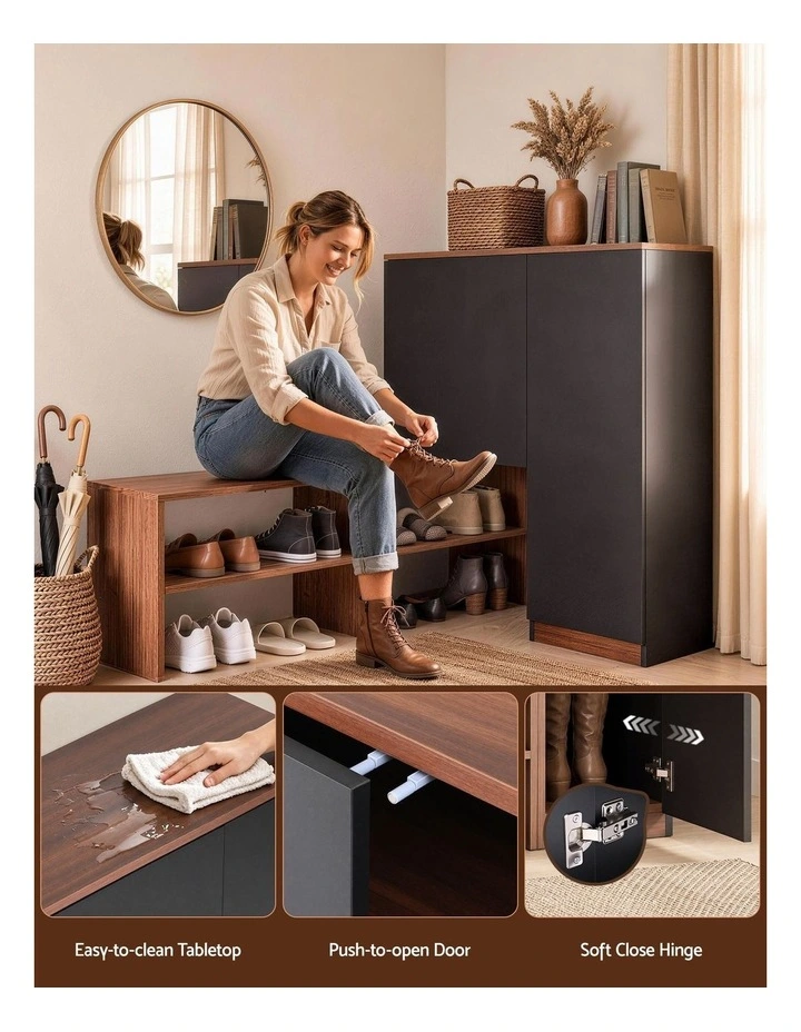 Artiss 2-IN-1 Shoe Cabinet Bench w/ Adjustable Shelf Hallway Walnut & Black image 5