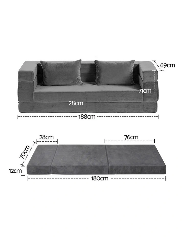 Artiss 3-in-1 Convertible Sofa Bed with Folding Mattress Velvet Foam Chair 300KG image 2