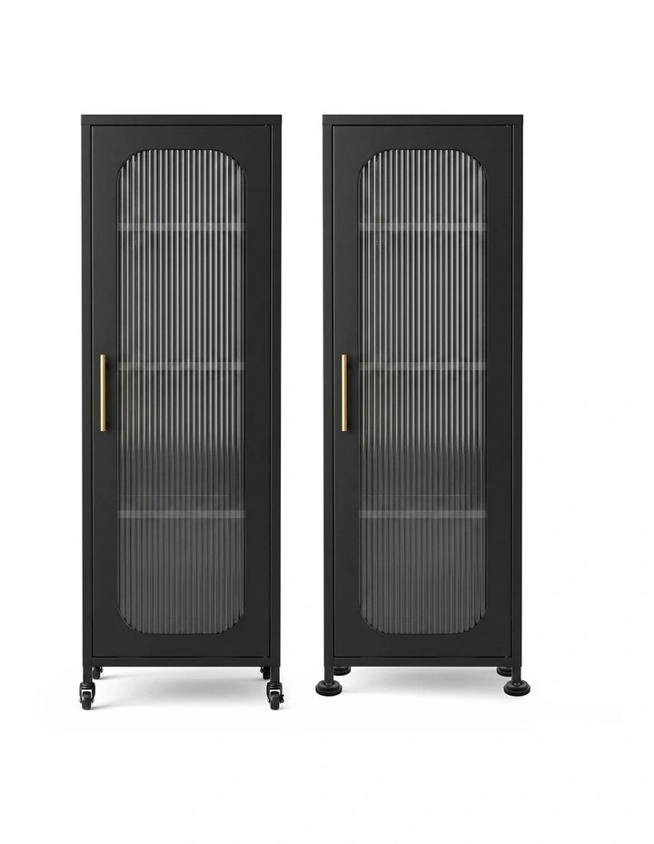 Artiss Buffet Cabinet Sideboard X2 Slim Kitchen Storage Trolley Wheels Black image 1