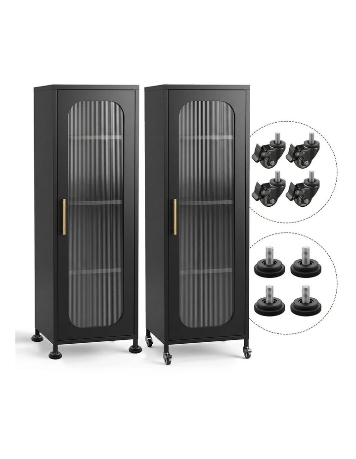 Artiss Buffet Cabinet Sideboard X2 Slim Kitchen Storage Trolley Wheels Black image 3