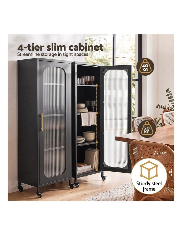Artiss Buffet Cabinet Sideboard X2 Slim Kitchen Storage Trolley Wheels Black image 4