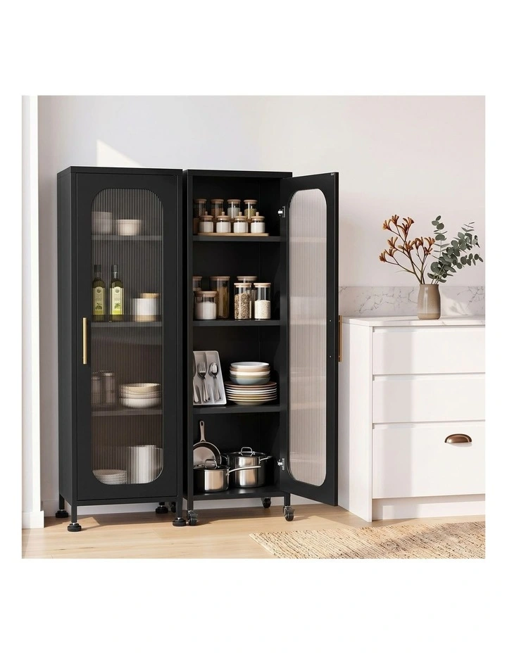Artiss Buffet Cabinet Sideboard X2 Slim Kitchen Storage Trolley Wheels Black image 6