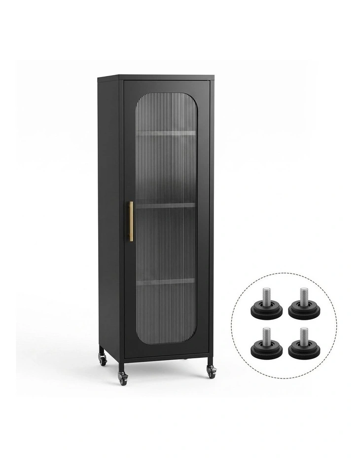 Artiss Buffet Cabinet Sideboard Slim Fluted Kitchen Storage Trolley Wheels Black image 3