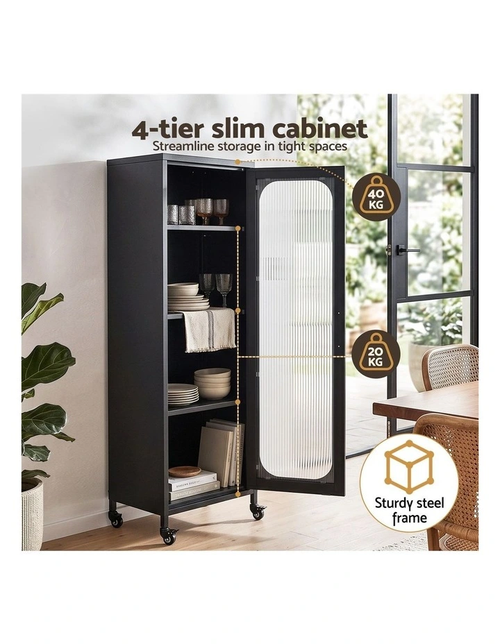Artiss Buffet Cabinet Sideboard Slim Fluted Kitchen Storage Trolley Wheels Black image 4