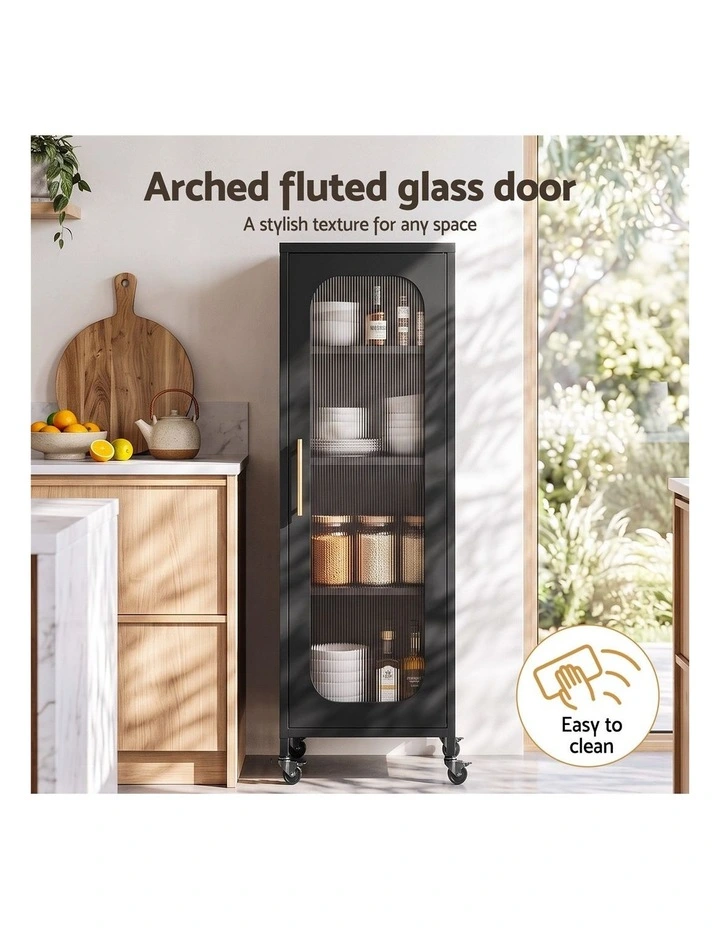 Artiss Buffet Cabinet Sideboard Slim Fluted Kitchen Storage Trolley Wheels Black image 5
