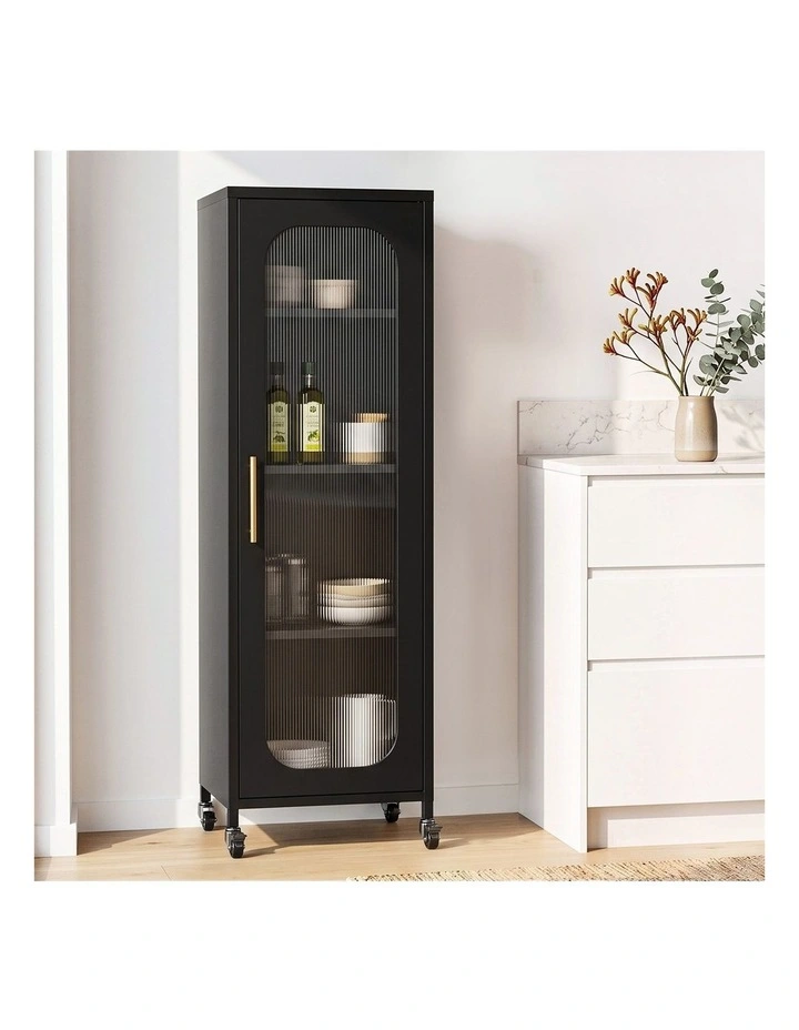 Artiss Buffet Cabinet Sideboard Slim Fluted Kitchen Storage Trolley Wheels Black image 6