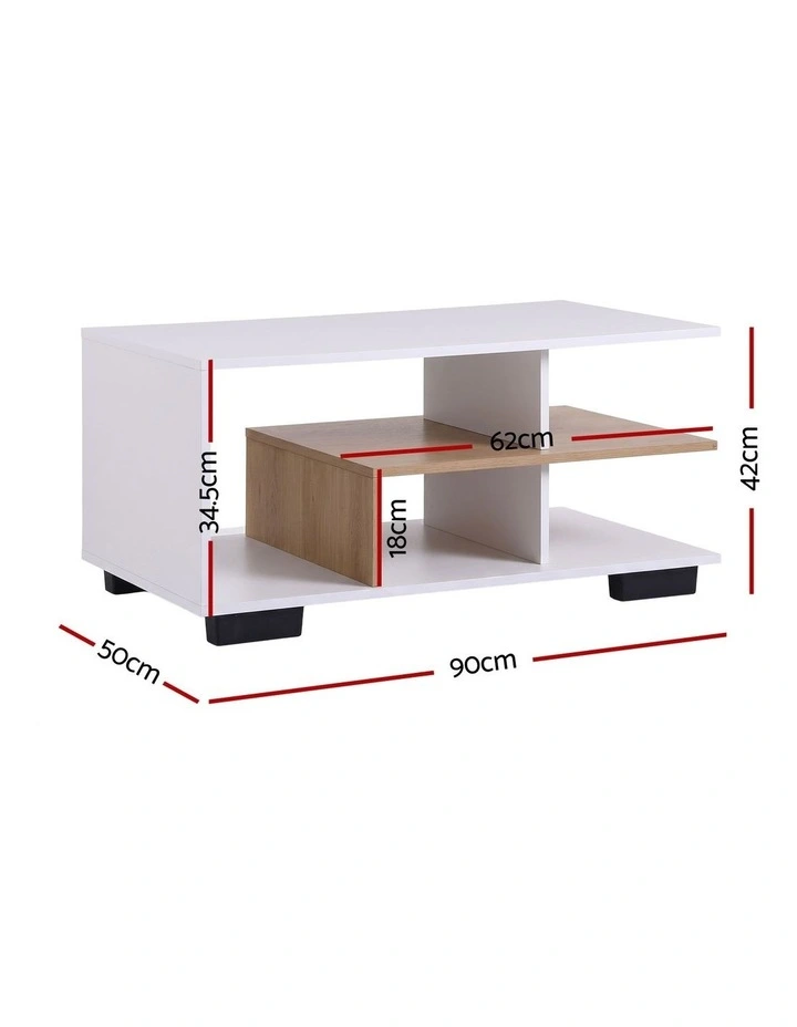 Artiss Coffee Table 90cm Center Table 3 Tier Open Storage Shelf Modern Living Room White & Wood image 2