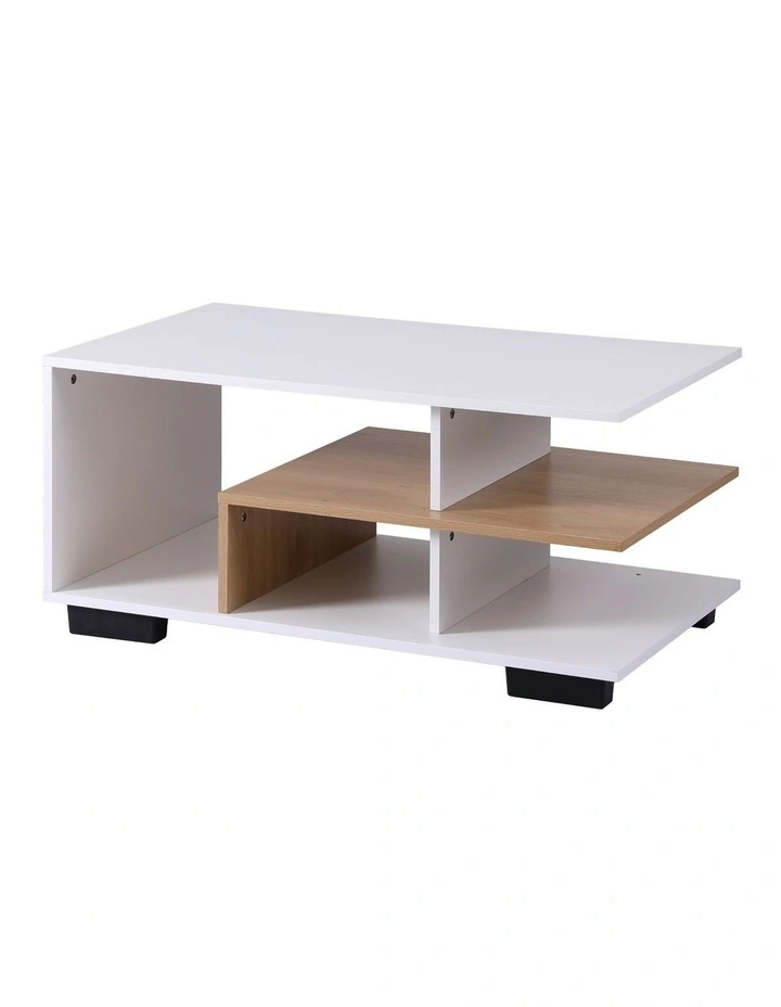 Artiss Coffee Table 90cm Center Table 3 Tier Open Storage Shelf Modern Living Room White & Wood image 3