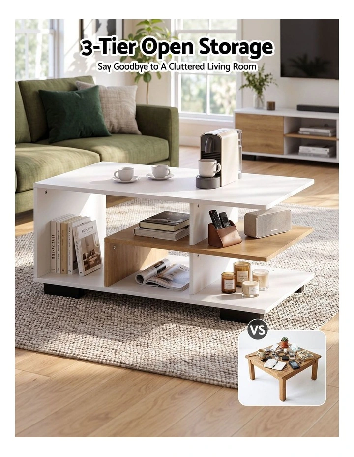 Artiss Coffee Table 90cm Center Table 3 Tier Open Storage Shelf Modern Living Room White & Wood image 4
