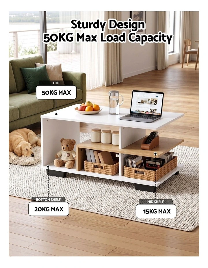 Artiss Coffee Table 90cm Center Table 3 Tier Open Storage Shelf Modern Living Room White & Wood image 5