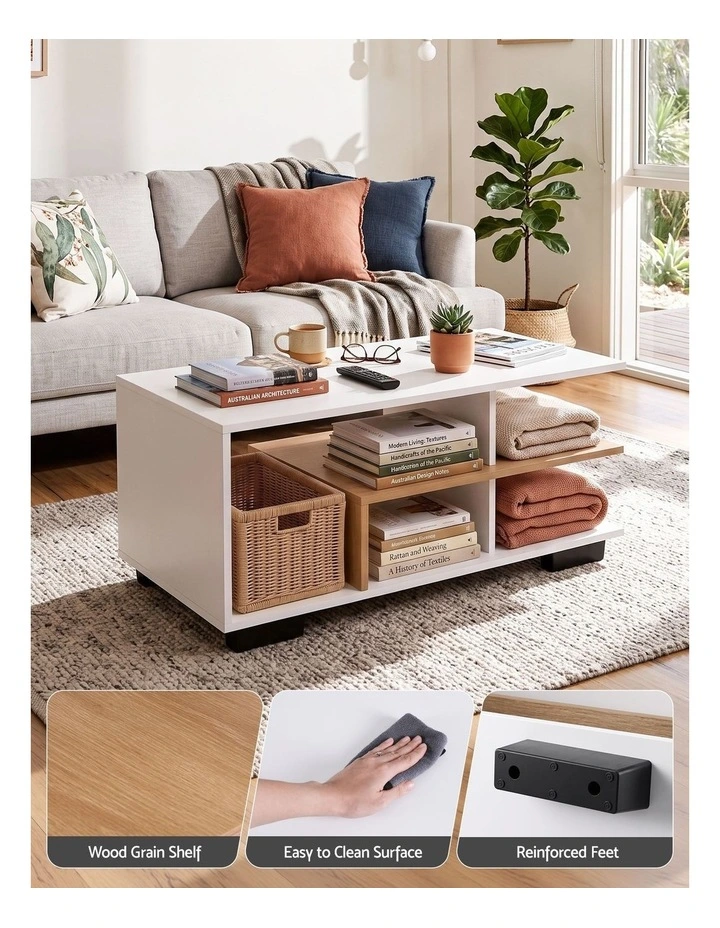 Artiss Coffee Table 90cm Center Table 3 Tier Open Storage Shelf Modern Living Room White & Wood image 6