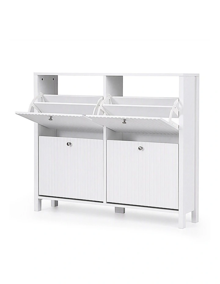 Artiss Shoe Cabinet 4 Flip Drawers Fluted Style Adjustable Shelves White image 1