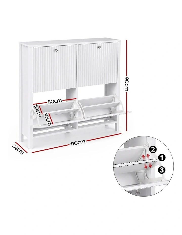Artiss Shoe Cabinet 4 Flip Drawers Fluted Style Adjustable Shelves White image 2