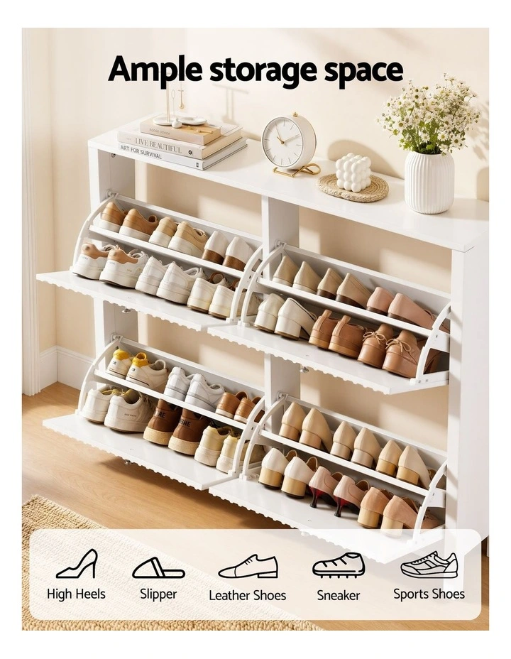 Artiss Shoe Cabinet 4 Flip Drawers Fluted Style Adjustable Shelves White image 4