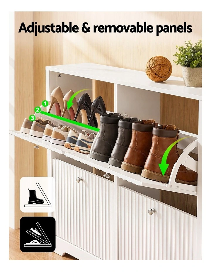 Artiss Shoe Cabinet 4 Flip Drawers Fluted Style Adjustable Shelves White image 5