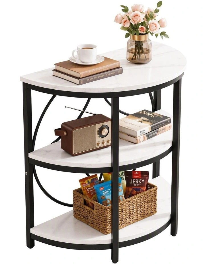 Artiss Semi-Circle End Table 3 Tier Coffee Table Side Nightstand Shelf Marble Effect White&Black image 3