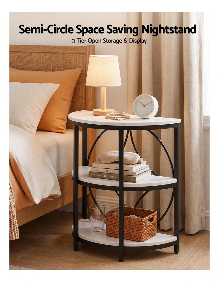 Artiss Semi-Circle End Table 3 Tier Coffee Table Side Nightstand Shelf Marble Effect White&Black image 4