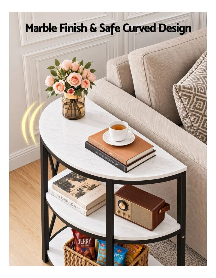Artiss Semi-Circle End Table 3 Tier Coffee Table Side Nightstand Shelf Marble Effect White&Black image 5