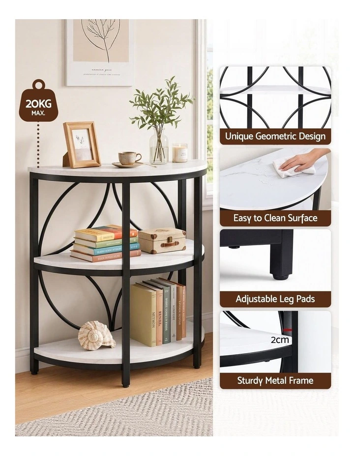 Artiss Semi-Circle End Table 3 Tier Coffee Table Side Nightstand Shelf Marble Effect White&Black image 6