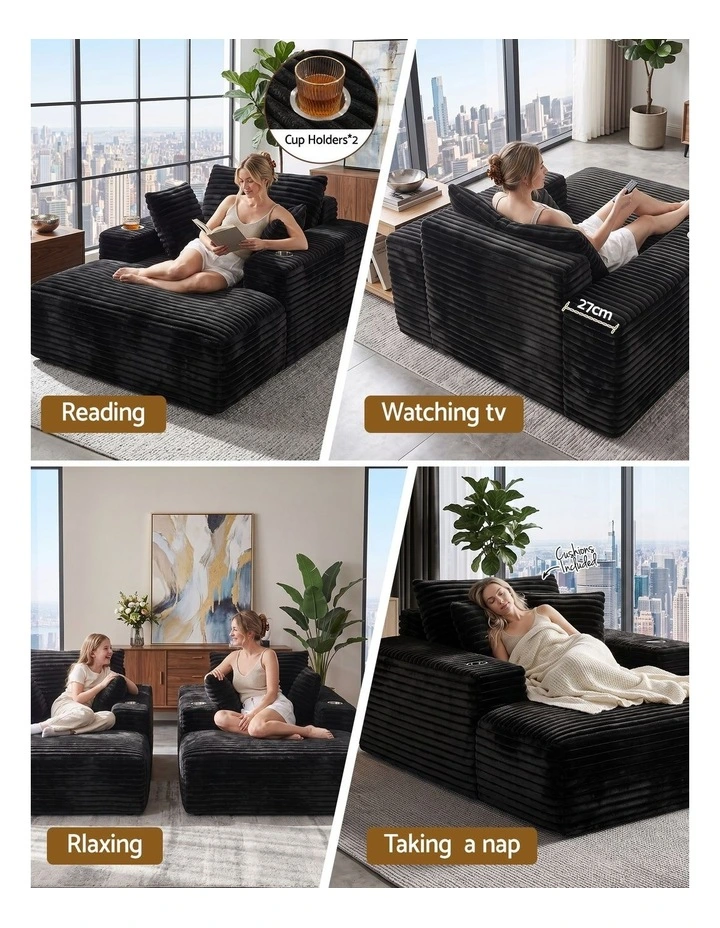Artiss Sofa Bed Lounge Chair Sleeper Couch Chaise Single Seater Faux Fur Black image 4