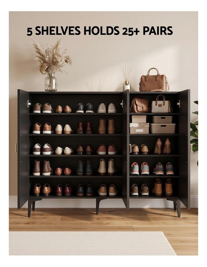 Artiss Shoe Cabinet Fluted Style 25 Pairs Shoe Storage Cupboard Black image 4