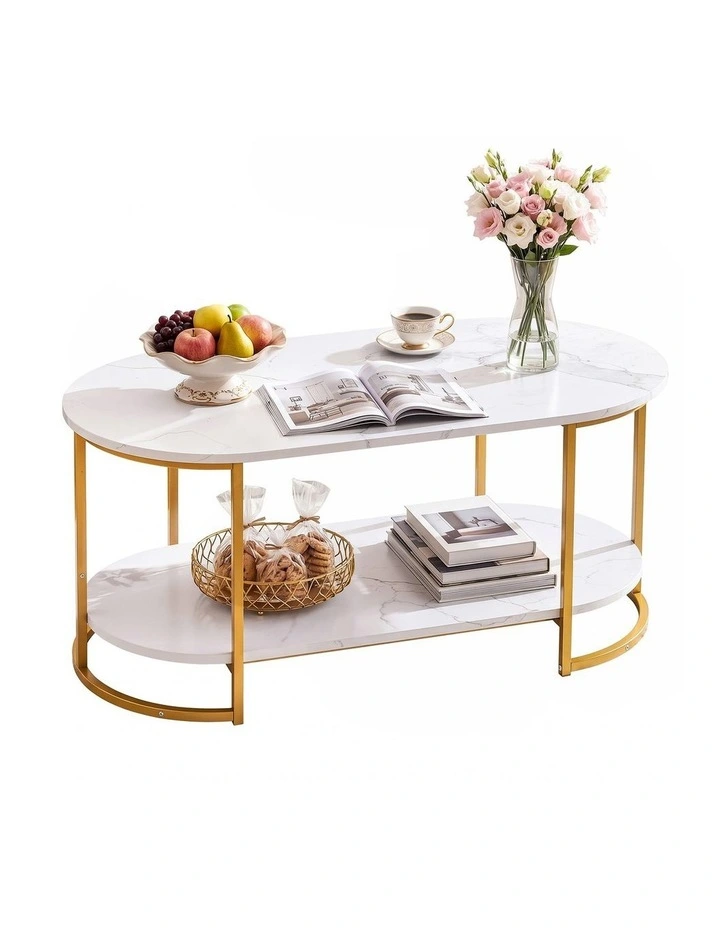 Artiss 2-Tier Oval Coffee Table Marble Finish Storage Shelf Metal Frame White & Gold image 1