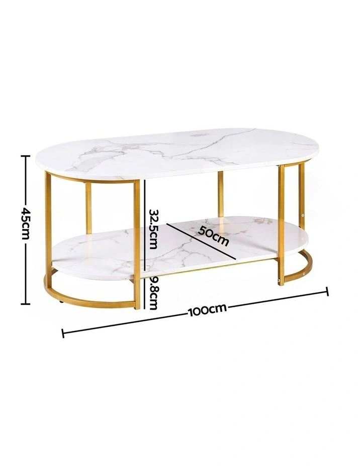 Artiss 2-Tier Oval Coffee Table Marble Finish Storage Shelf Metal Frame White & Gold image 2
