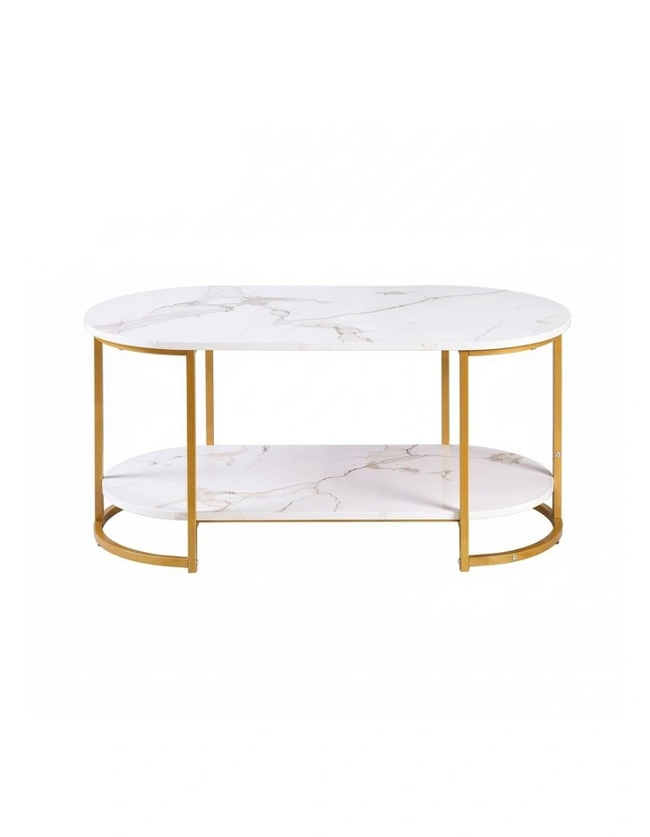 Artiss 2-Tier Oval Coffee Table Marble Finish Storage Shelf Metal Frame White & Gold image 3