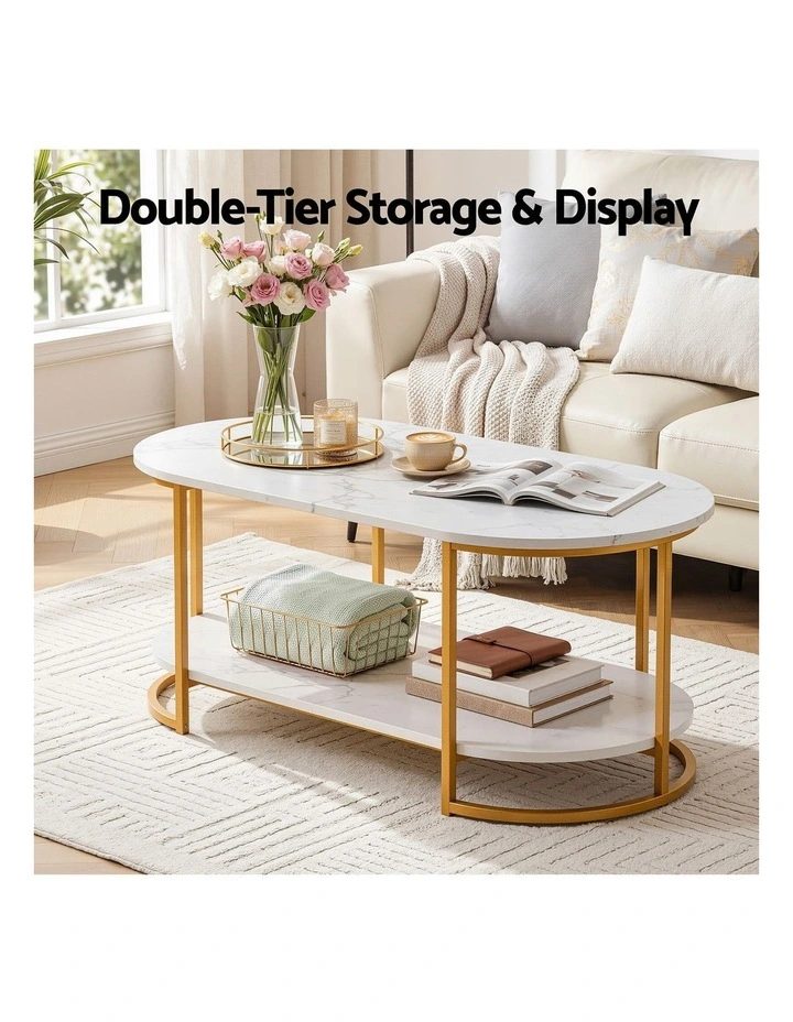 Artiss 2-Tier Oval Coffee Table Marble Finish Storage Shelf Metal Frame White & Gold image 4
