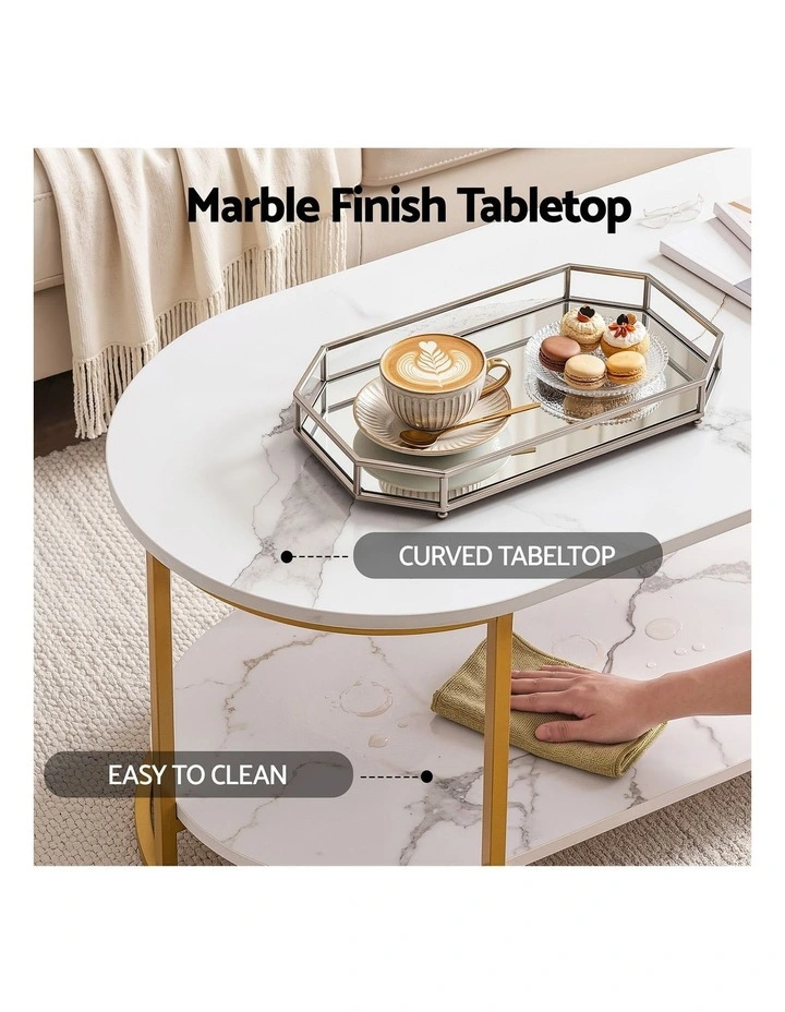 Artiss 2-Tier Oval Coffee Table Marble Finish Storage Shelf Metal Frame White & Gold image 5