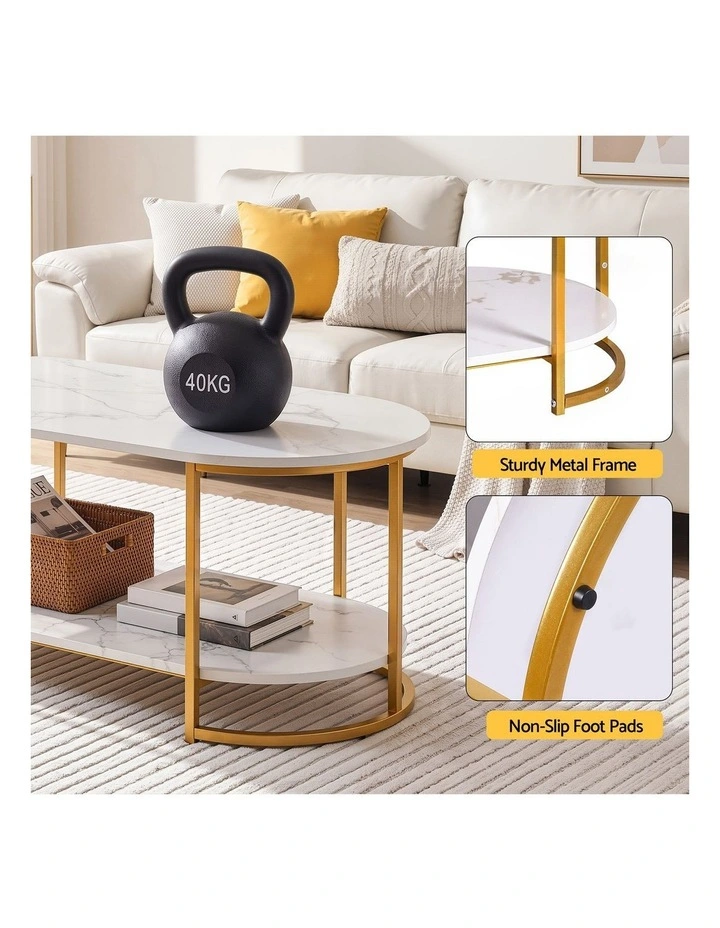 Artiss 2-Tier Oval Coffee Table Marble Finish Storage Shelf Metal Frame White & Gold image 6