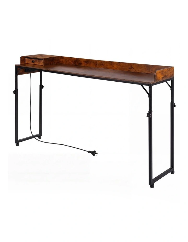 Levede Overbed Table 180cm 84-109cm Mobile with Charging Station Bedroom Brown image 1