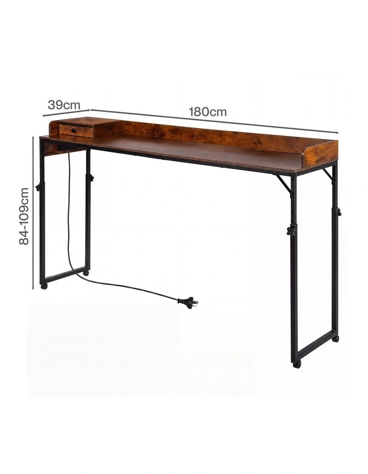 Levede Overbed Table 180cm 84-109cm Mobile with Charging Station Bedroom Brown image 2