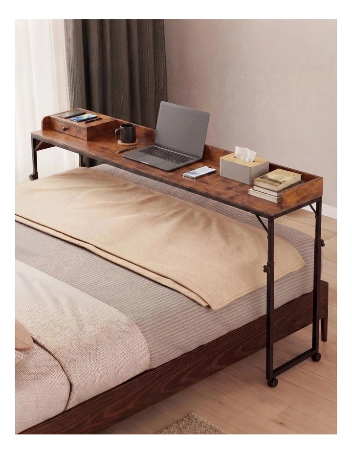Levede Overbed Table 180cm 84-109cm Mobile with Charging Station Bedroom Brown image 6