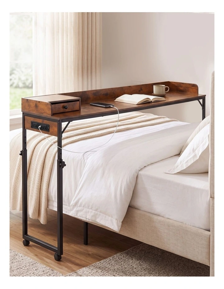 Levede Overbed Table 180cm 84-109cm Mobile with Charging Station Bedroom Brown image 7
