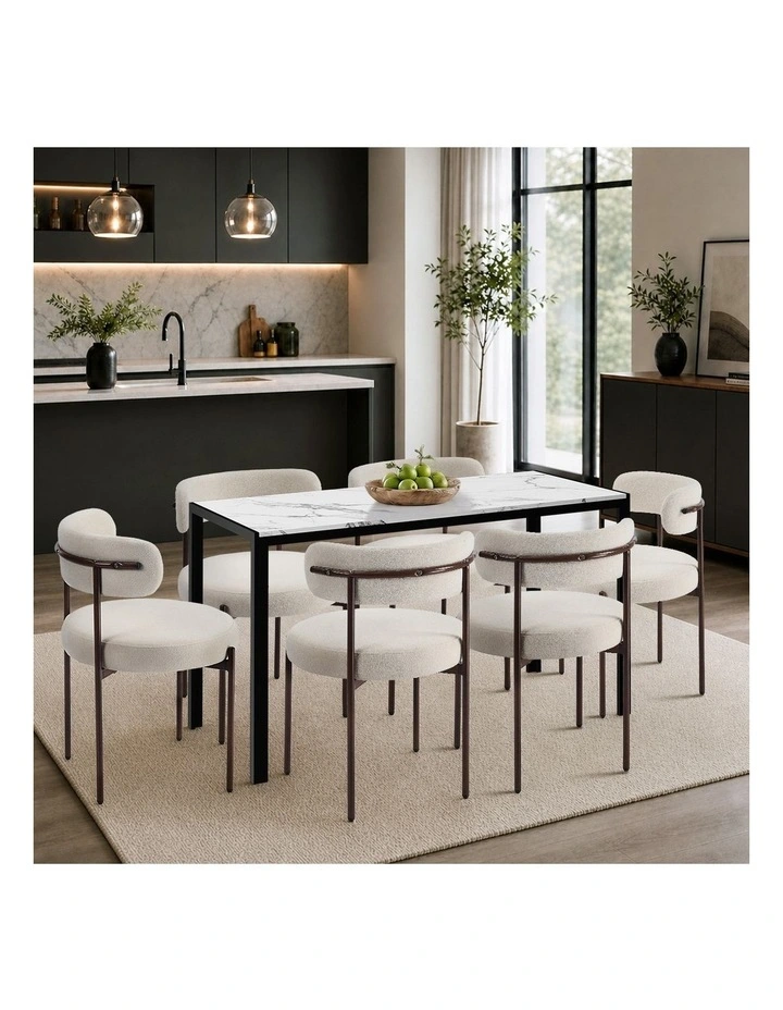 Oikiture 2x Dining Chair Round Boucle Kitchen Lounge Seats Backrest Walunt&White image 6